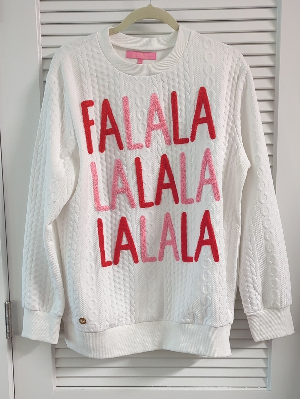 Simply Southern Large White Pink Red Cable Knit Crewneck Sweatshirt Christmas